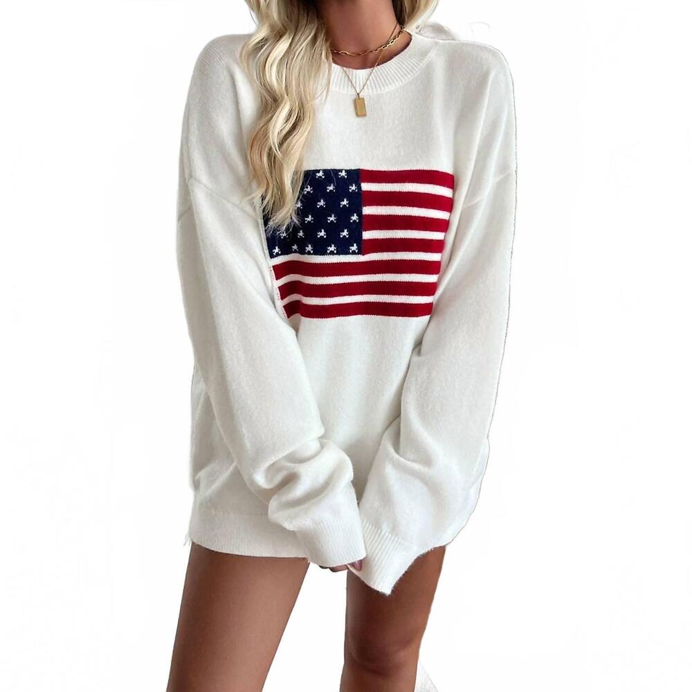 NEW SUPREME FASHION knit round neck flag print loose fit sweater in white